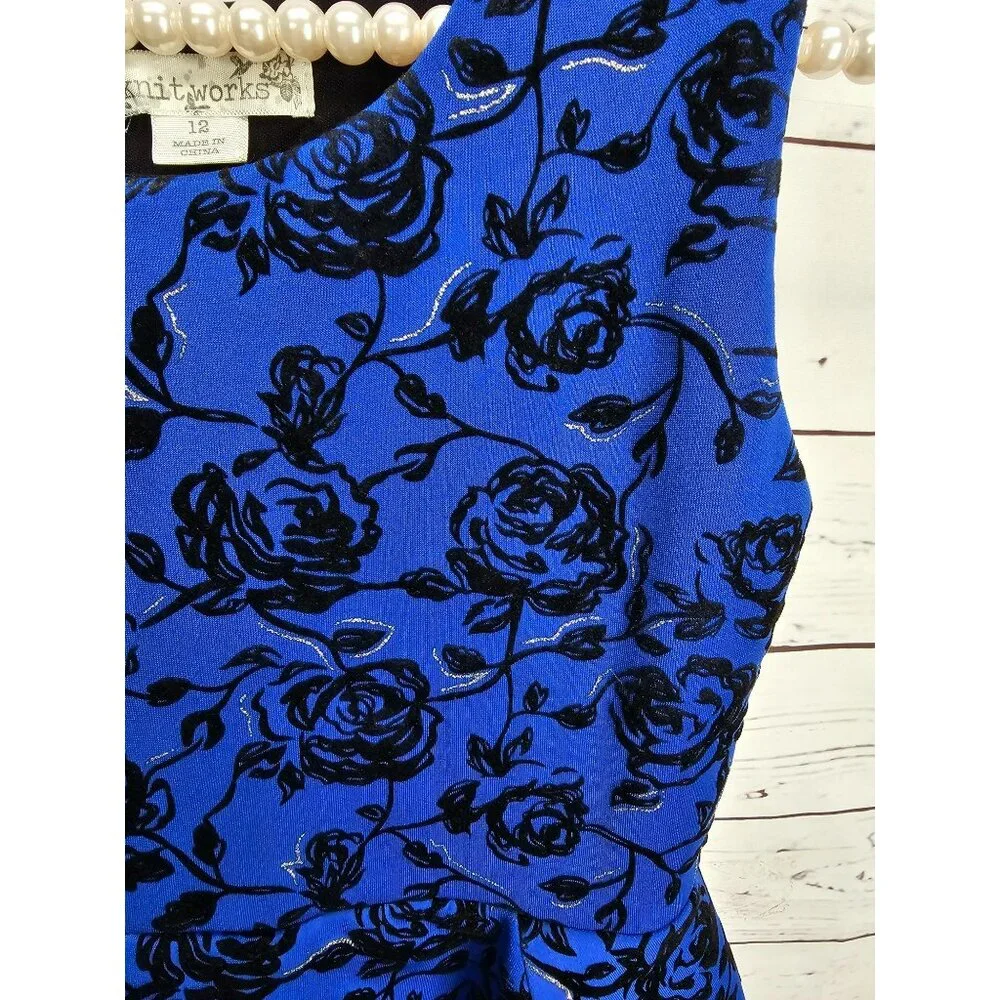 Knitworks Girls Blue Black Floral Sleeveless Dress Size 12‎